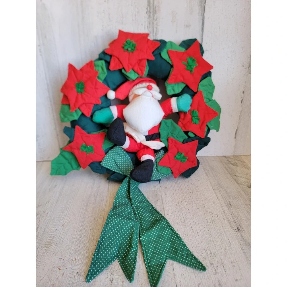 Vintage musical wreath plush Santa Claus Xmas home decor hanging